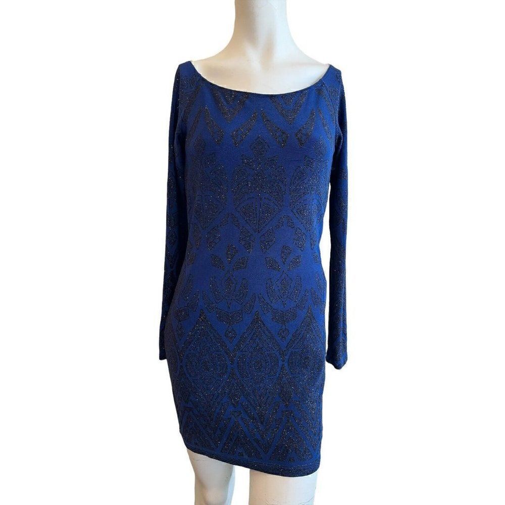 Medium Sapphire Blue Sequin Beaded Dress Fitted Evening Gown Lined Stretch Royal